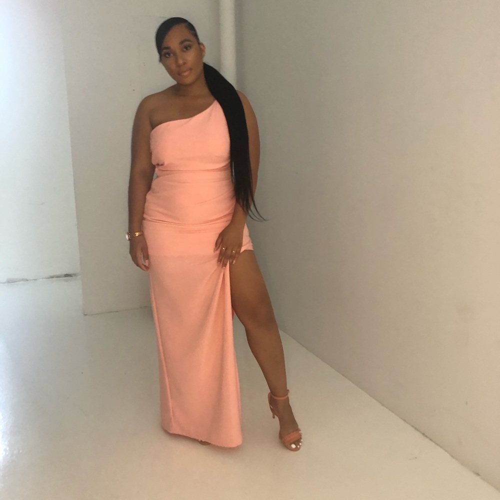 Peach sexy side slit wedding guest dress